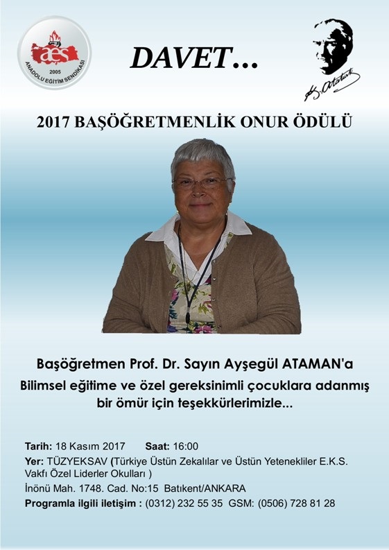 AES: 2017 Başöğretmenlik Onur Ödülümüz Prof. Dr. Sayın Ayşegül Ataman’ın