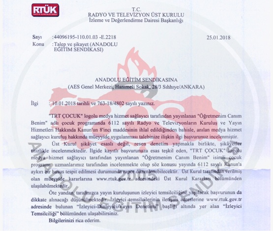 AES: RTÜK Talebimizle TRT Çocuk İçin İnceleme Başlattı