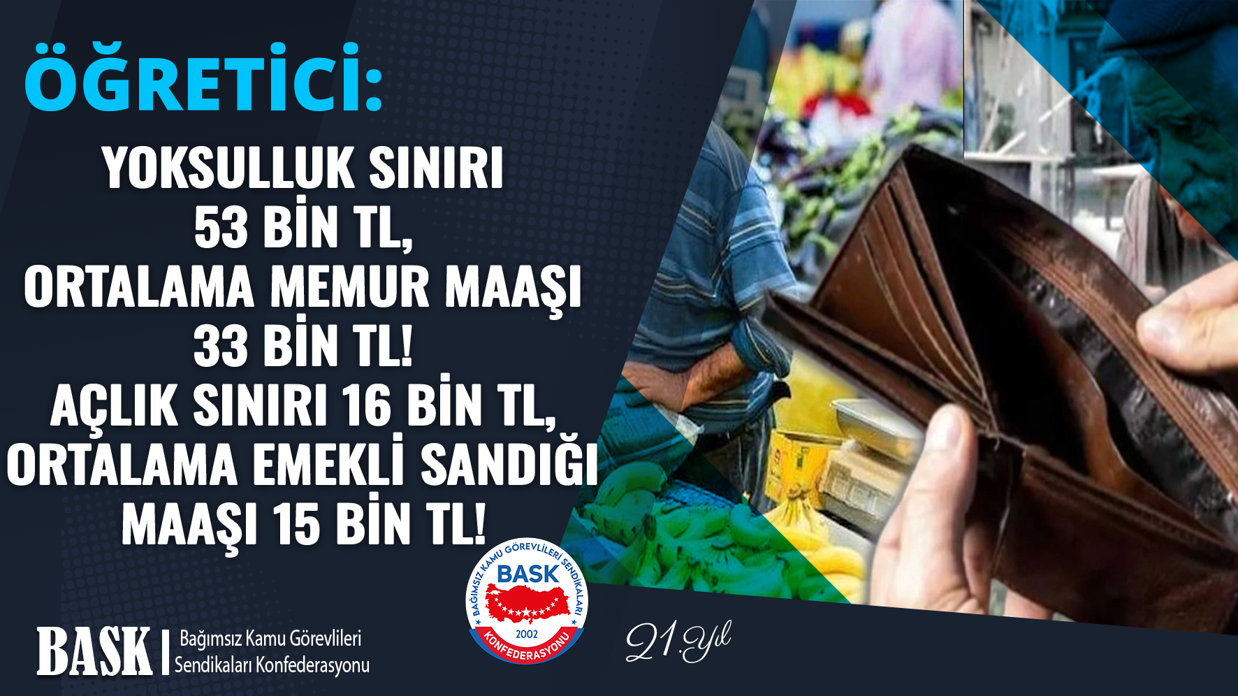Yoksulluk Sınırı 53 Bin TL, Ortalama Memur Maaşı 33 Bin TL! Açlık Sınırı 16 Bin TL, Ortalama Emekli Sandığı Maaşı 15 Bin TL!